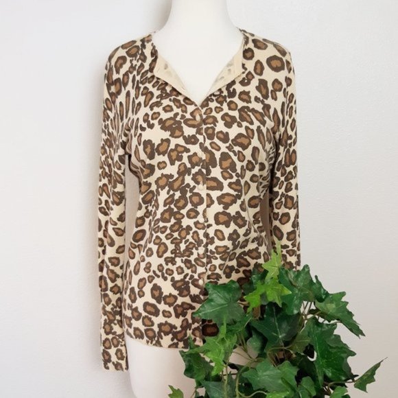 Merona Cardigan Sweater Leopard Print Tan Brown Long Sleeve Button Up Cardigan - Picture 1 of 8